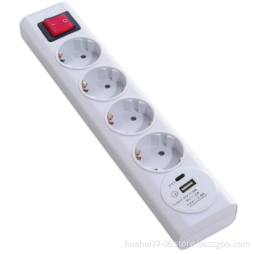EU Power Strip 4 Way Extension Socket with USB Type C and Switch